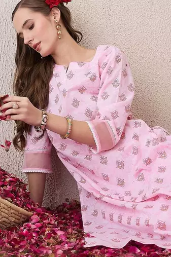 Floral Printed Round Neck Pure Cotton Straight Kurta With Trouser