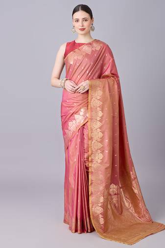 onion pink soft silk blend saree with zari weaving meenakari design