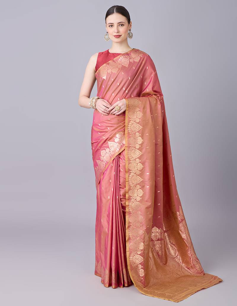 Onion pink  soft banarasi silk saree with zari weaving meenakari design
