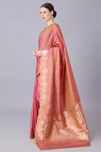 onion pink soft silk blend saree with zari weaving meenakari design