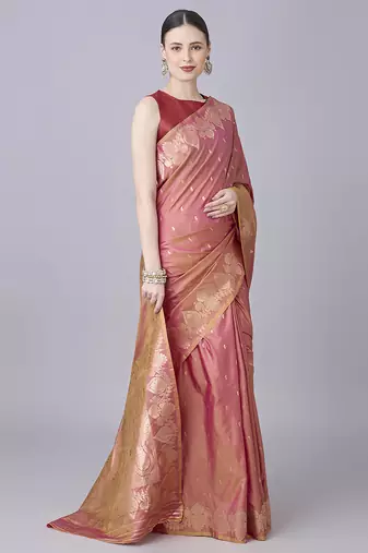 onion pink soft silk blend saree with zari weaving meenakari design
