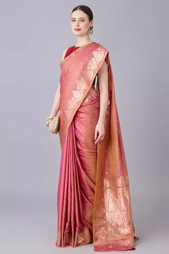 onion pink soft silk blend saree with zari weaving meenakari design