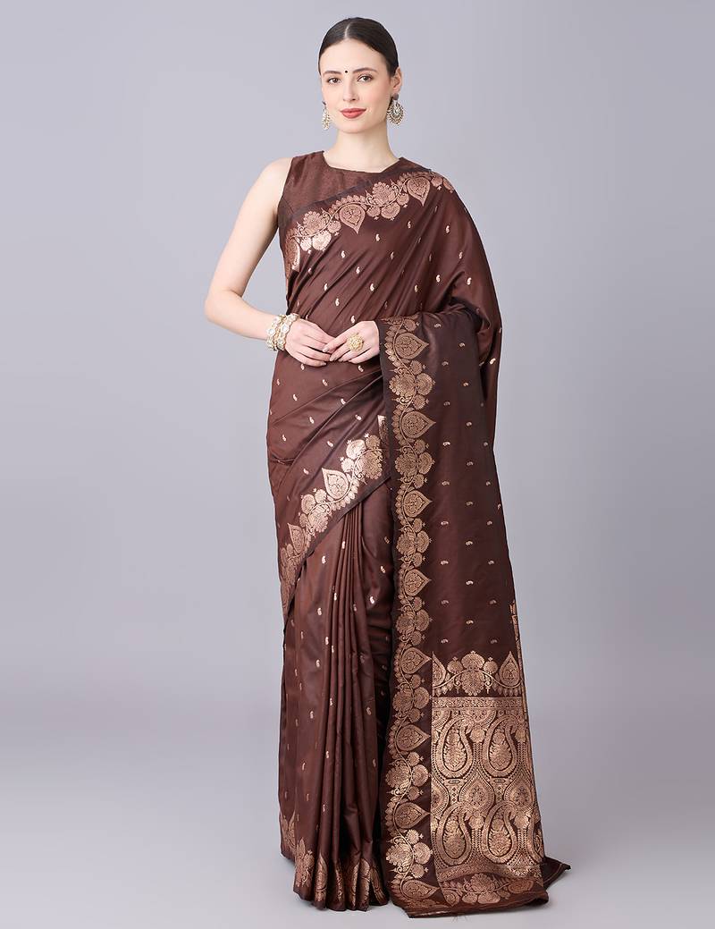 Coffee soft banarasi silk saree with zari weaving meenakari design