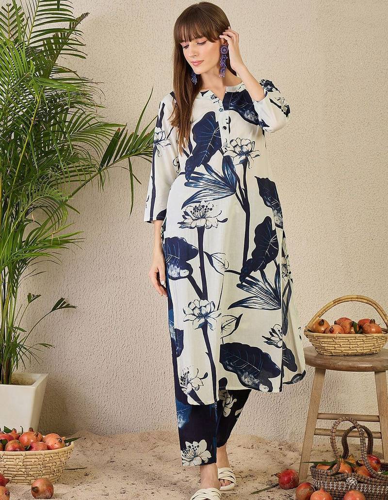 Floral Printed Pure Cotton Kurta with Trousers