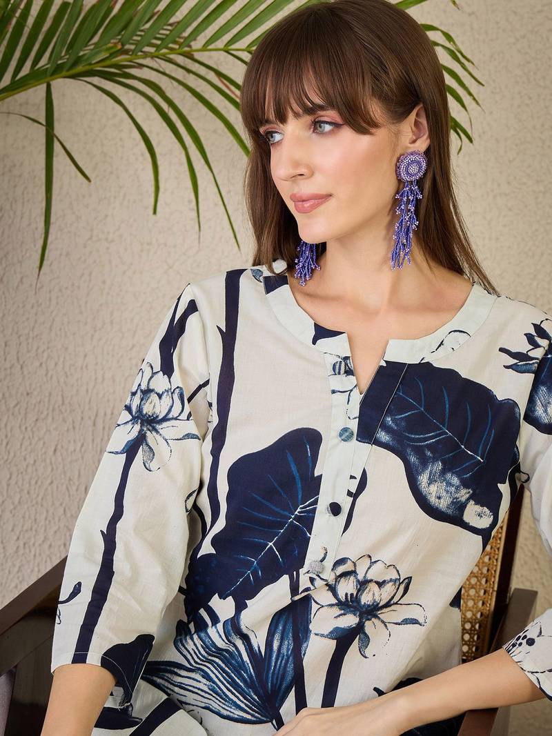 Floral Printed Pure Cotton Kurta with Trousers