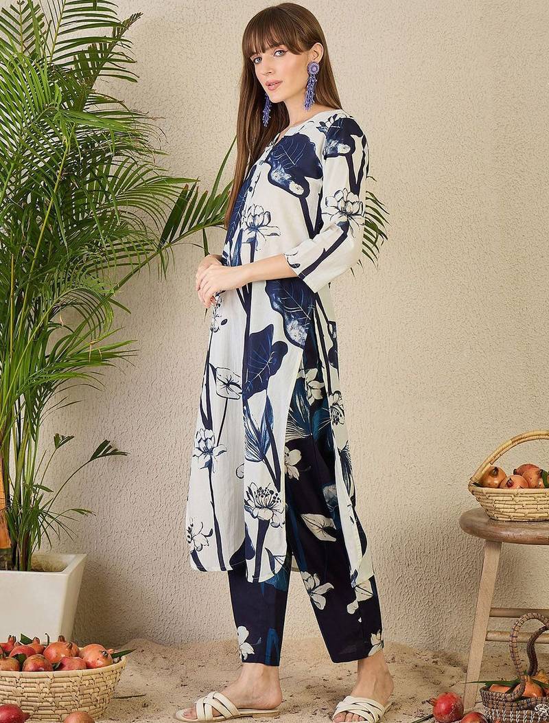 Floral Printed Pure Cotton Kurta with Trousers