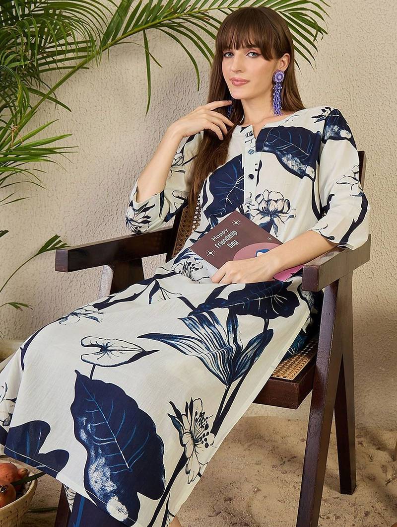 Floral Printed Pure Cotton Kurta with Trousers