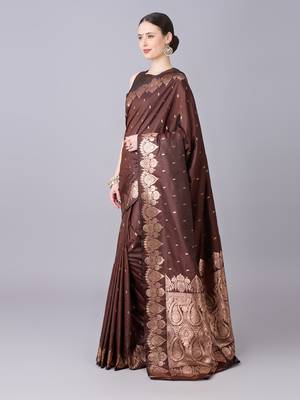 Coffee soft banarasi silk saree with zari weaving meenakari design 2