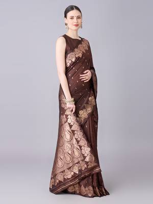 Coffee soft banarasi silk saree with zari weaving meenakari design 3