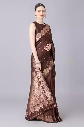 coffee soft silk blend saree with zari weaving meenakari design