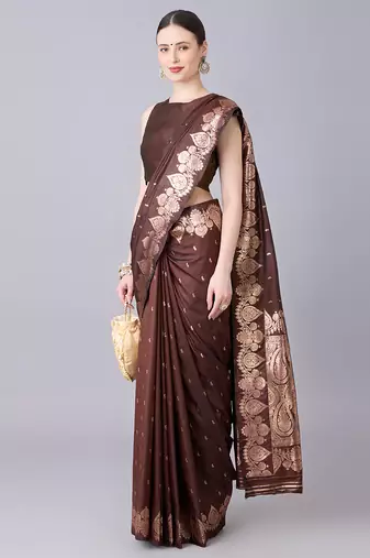 coffee soft silk blend saree with zari weaving meenakari design