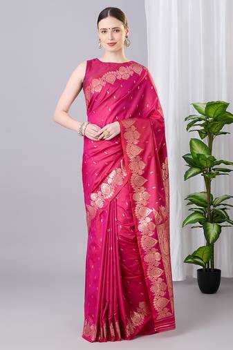 pink soft silk blend saree with zari weaving meenakari design