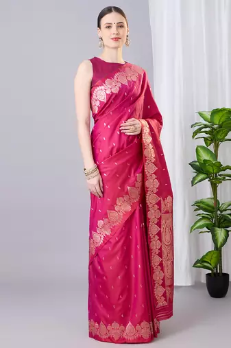 pink soft silk blend saree with zari weaving meenakari design