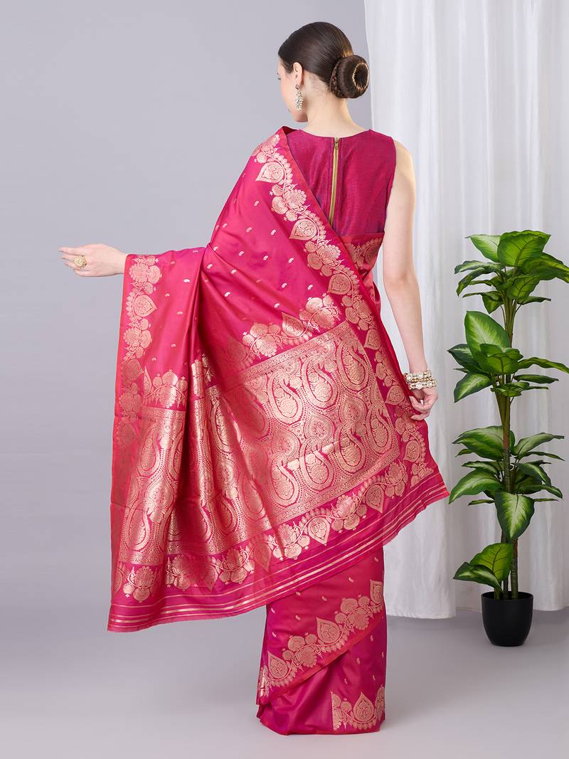 Pink  soft banarasi silk saree with zari weaving meenakari design