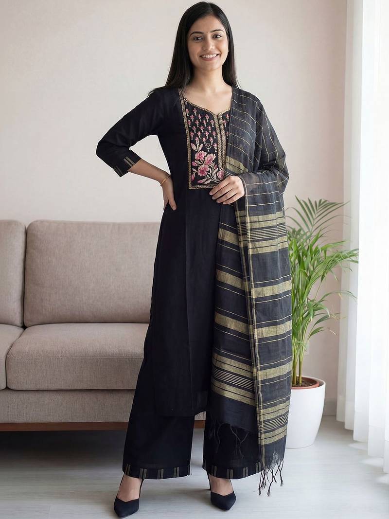 Floral Embroidered Regular Thread Work Pure Cotton Kurta with Palazzos & Dupatta