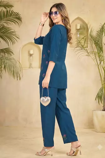 Trendy blue floral embroidered ethnic co-ord set for women