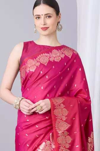 pink soft silk blend saree with zari weaving meenakari design