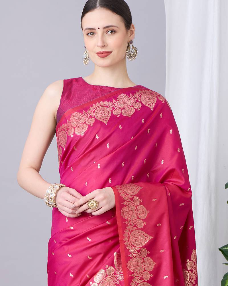 Pink  soft banarasi silk saree with zari weaving meenakari design