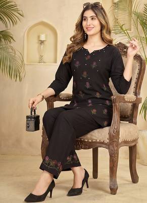 Trendy black floral embroidered ethnic co-ord set for women 4