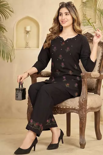 Trendy black floral embroidered ethnic co-ord set for women