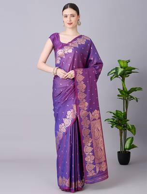 Purple soft banarasi silk saree with zari weaving meenakari design 1