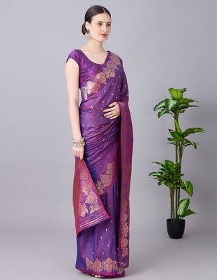 Purple soft banarasi silk saree with zari weaving meenakari design 3