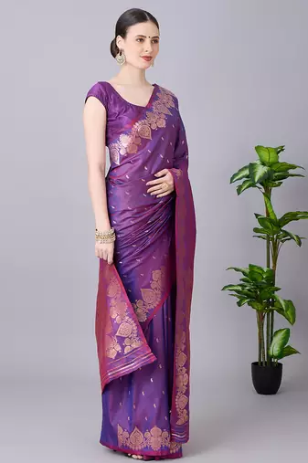 purple soft silk blend saree with zari weaving meenakari design