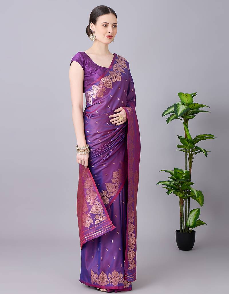 Purple soft banarasi silk saree with zari weaving meenakari design
