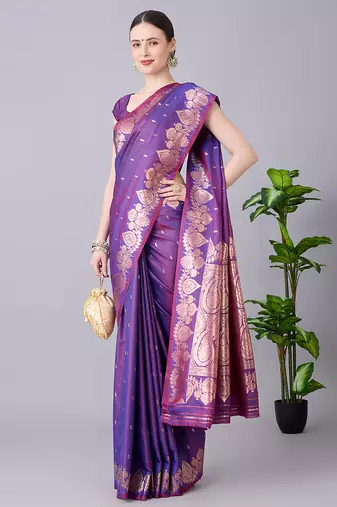 purple soft silk blend saree with zari weaving meenakari design