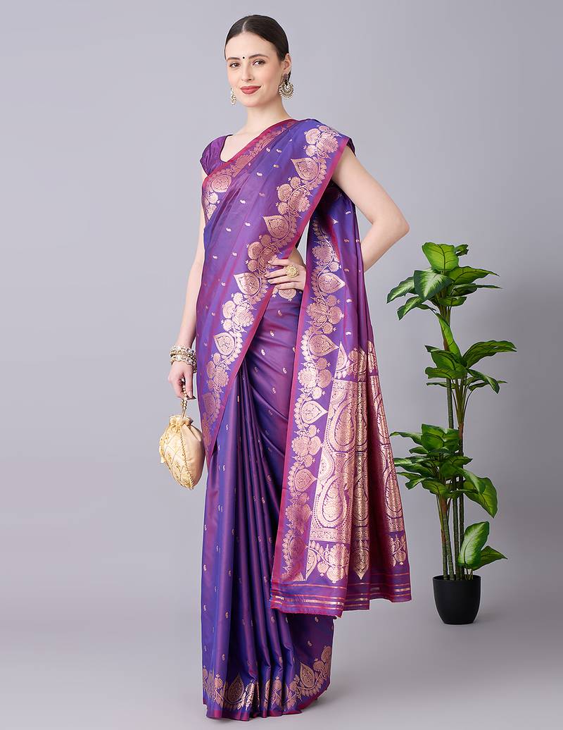 Purple soft banarasi silk saree with zari weaving meenakari design