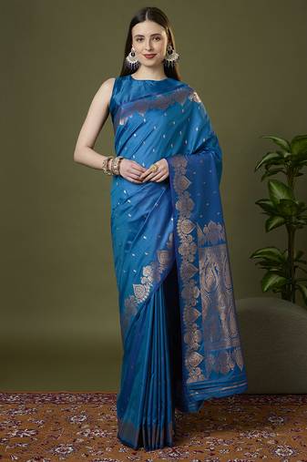 indigo blue soft silk blend saree with zari weaving meenakari design