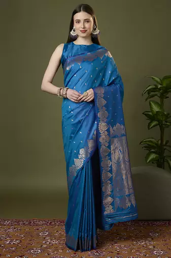 indigo blue soft silk blend saree with zari weaving meenakari design