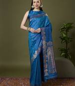 Indigo blue soft banarasi silk saree with zari weaving meenakari design