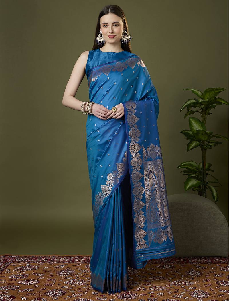 Indigo blue soft banarasi silk saree with zari weaving meenakari design