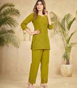 Trendy green floral embroidered ethnic co-ord set for women