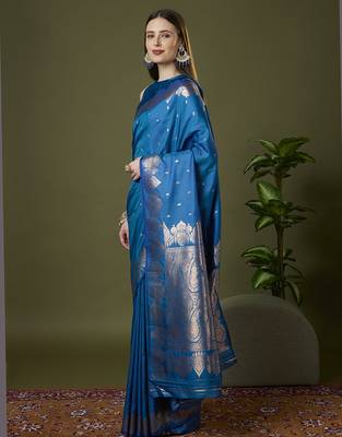 Indigo blue soft banarasi silk saree with zari weaving meenakari design 2
