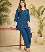 Trendy blue floral embroidered ethnic co-ord set for women