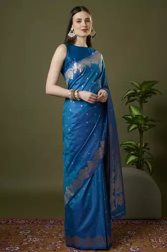 indigo blue soft silk blend saree with zari weaving meenakari design