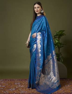 Indigo blue soft banarasi silk saree with zari weaving meenakari design 4