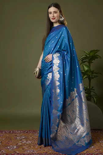 indigo blue soft silk blend saree with zari weaving meenakari design