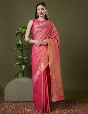 Peach soft banarasi silk saree with zari weaving meenakari design 1