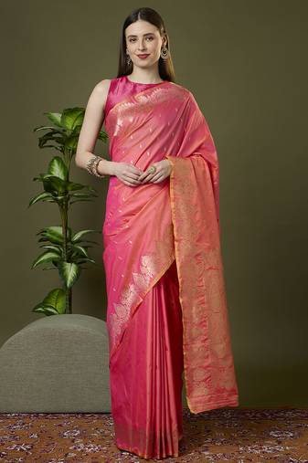 peach soft silk blend saree with zari weaving meenakari design