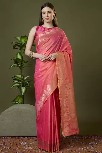 peach soft silk blend saree with zari weaving meenakari design