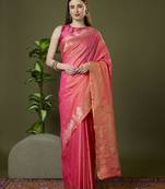 Peach soft banarasi silk saree with zari weaving meenakari design