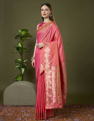 Peach soft banarasi silk saree with zari weaving meenakari design 2