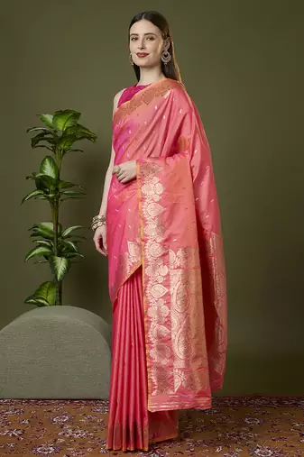 peach soft silk blend saree with zari weaving meenakari design