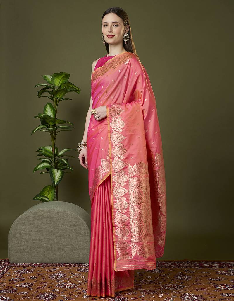 Peach soft banarasi silk saree with zari weaving meenakari design