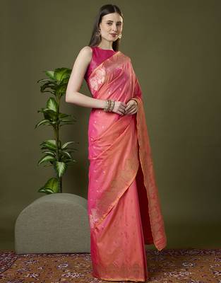 Peach soft banarasi silk saree with zari weaving meenakari design 3