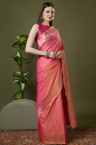 peach soft silk blend saree with zari weaving meenakari design