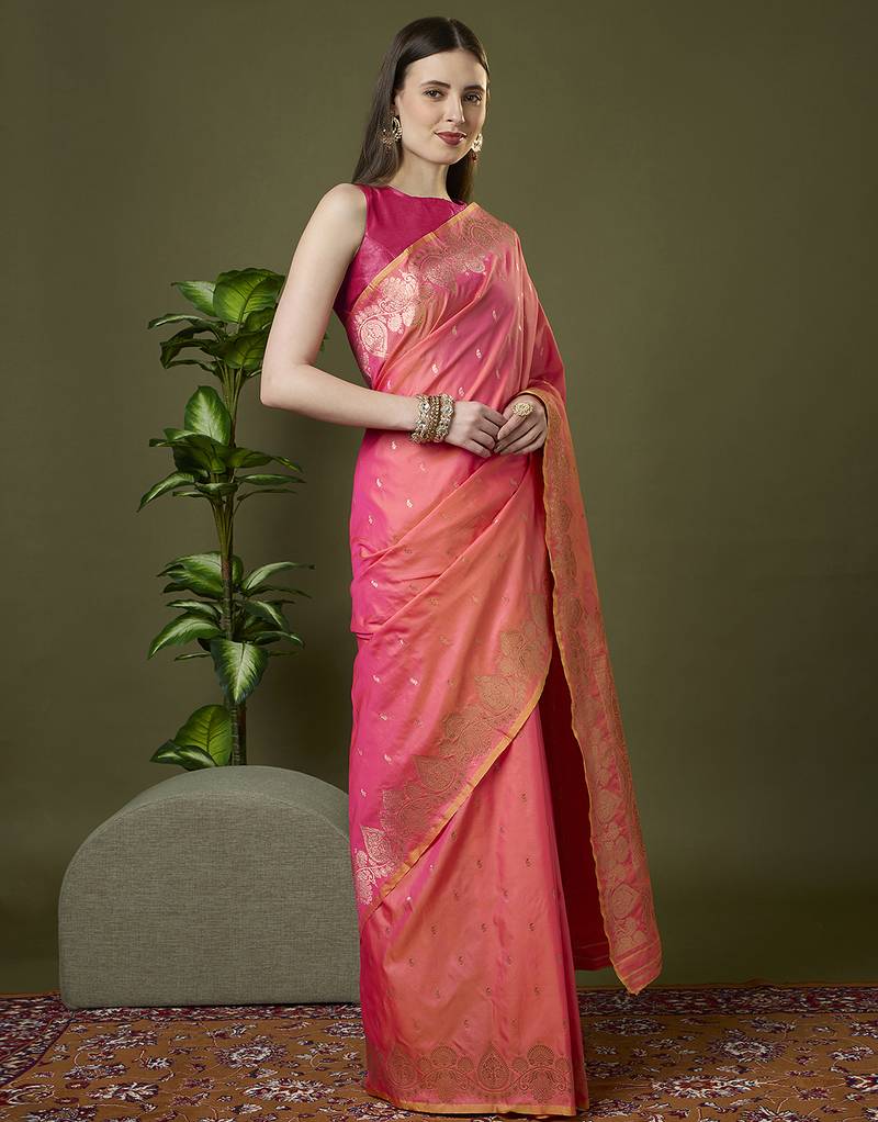 Peach soft banarasi silk saree with zari weaving meenakari design